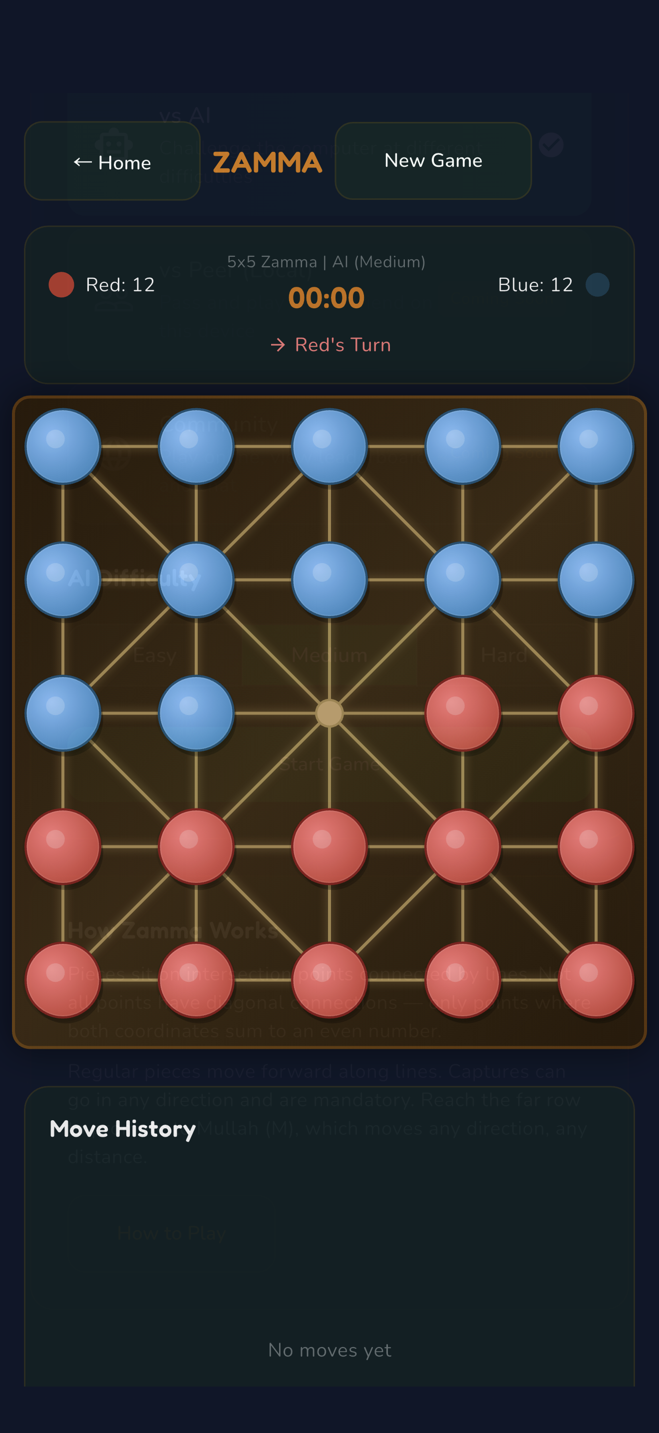 In-game view with 24 pieces on the 5×5 Alquerque board
