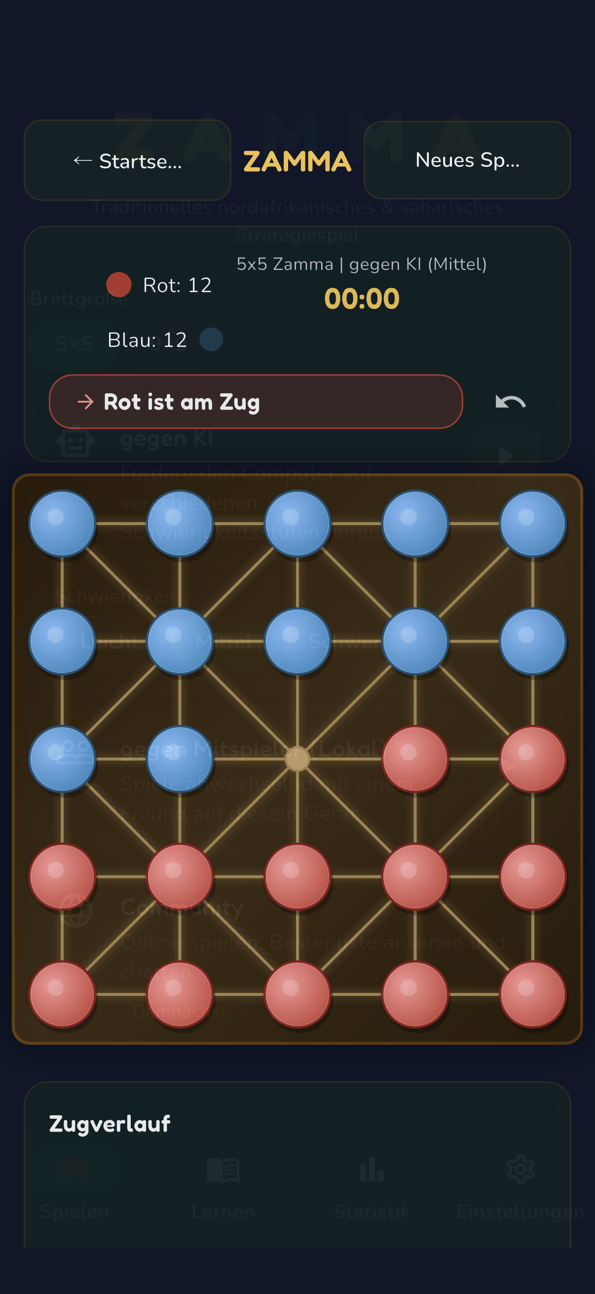 Spielansicht mit 24 Steinen auf dem 5×5-Brett