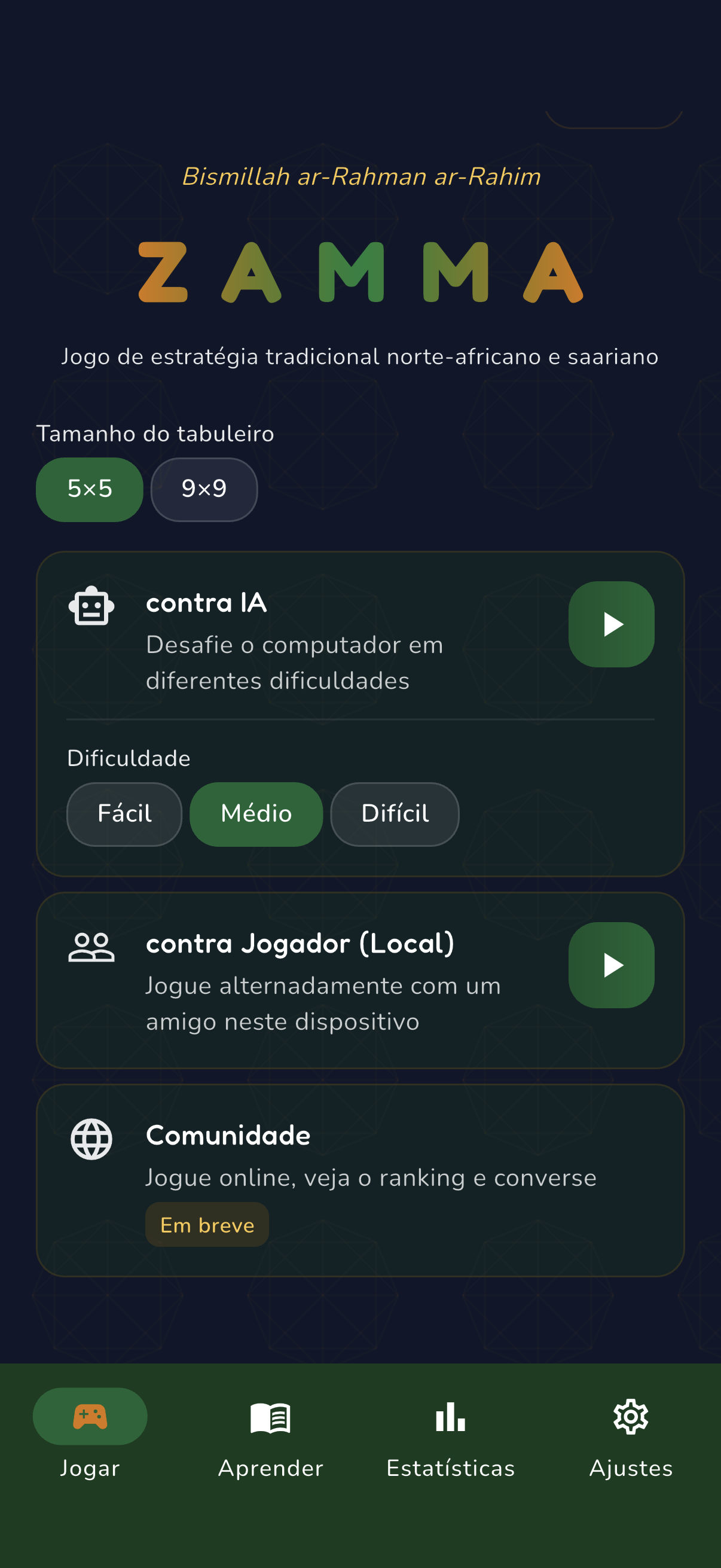 Ecrã inicial com escolha de tabuleiro, modo e dificuldade